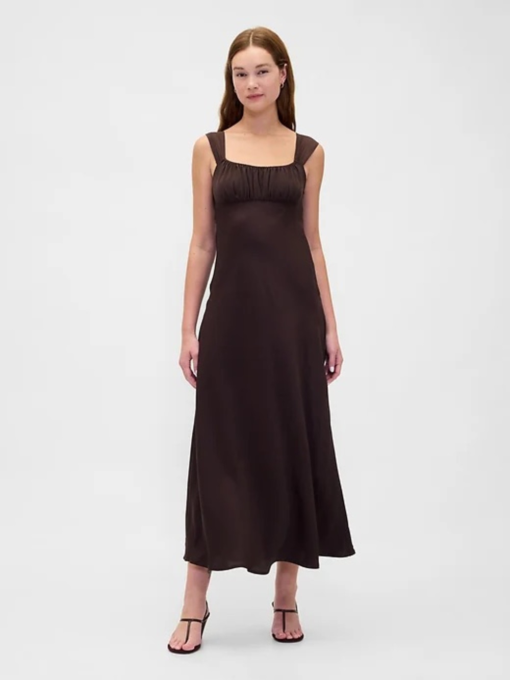 Satin Square-Neck Maxi Dress in Dark Brown - NEW Mixed Media Dress GAP